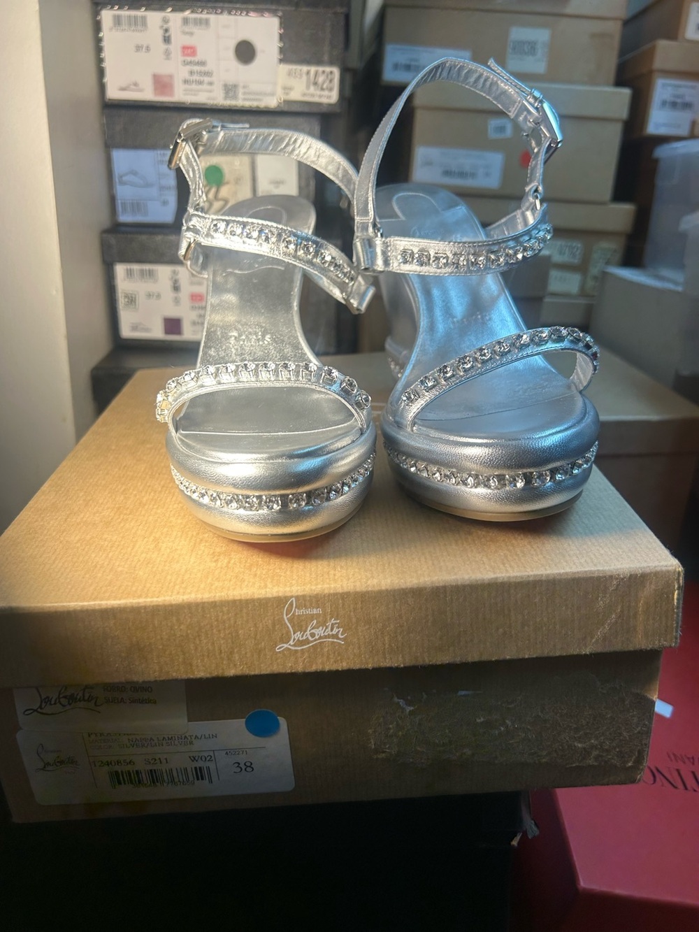 Christian Louboutin Silver Crystal Platform Sandals with Ankle Strap